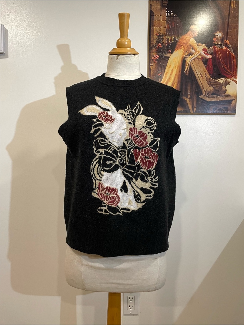 Black knit sleeveless sweater vest for fall rabbit floral design